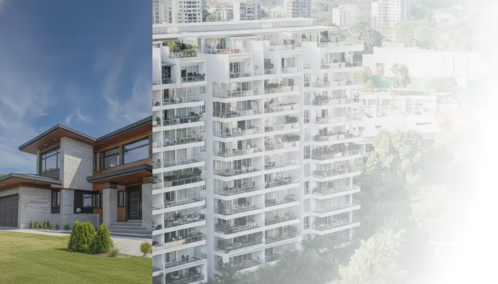 Modern single-family home and apartment building for rental listings.