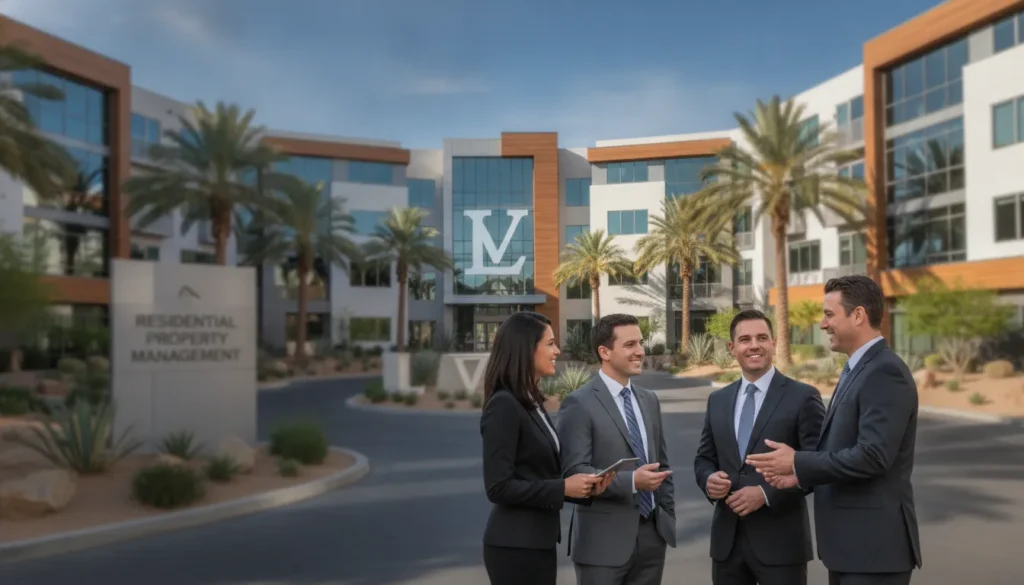 Property management professionals discussing services outside a Las Vegas residential office.