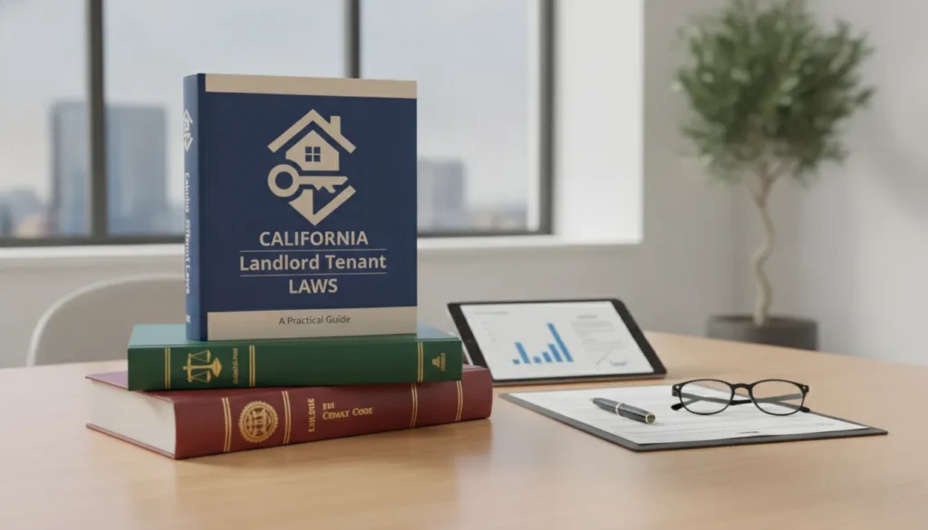 California landlord-tenant laws guidebook with legal books, glasses, and documents on a desk.