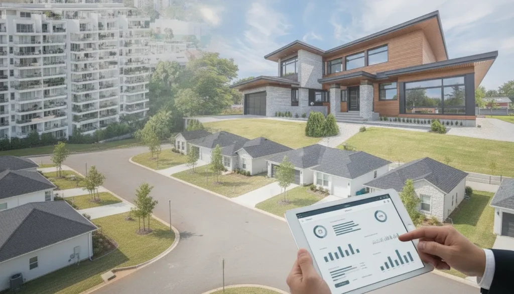 Commercial property manager analyzing property data on a tablet near commercial buildings.