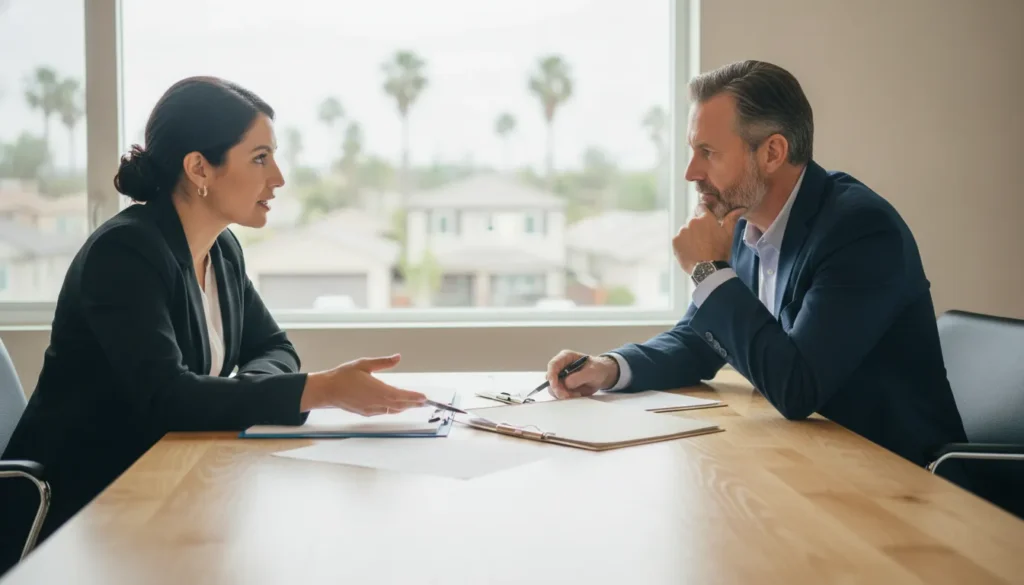 California property manager reviewing a rental application with an owner