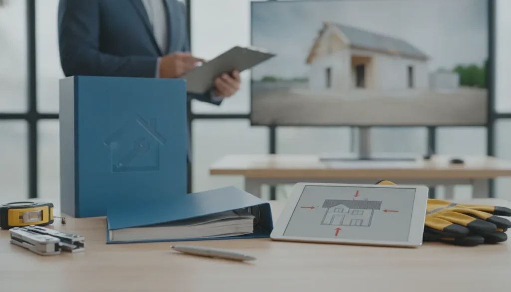 Tablet displaying a property repair diagram beside a blue binder, tools, and gloves.