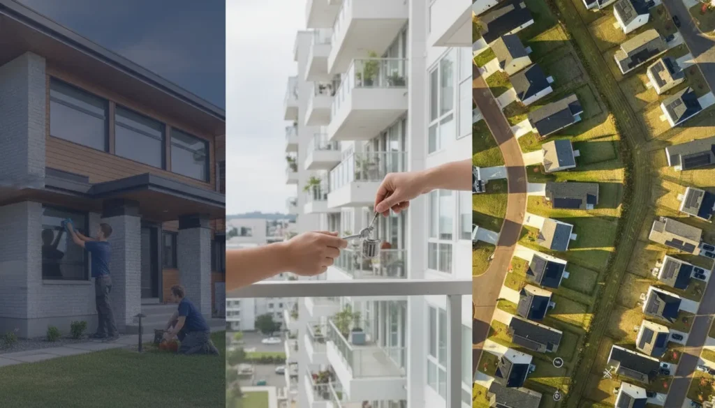 House keys exchanged in front of a modern home, representing tenant maintenance responsibilities.