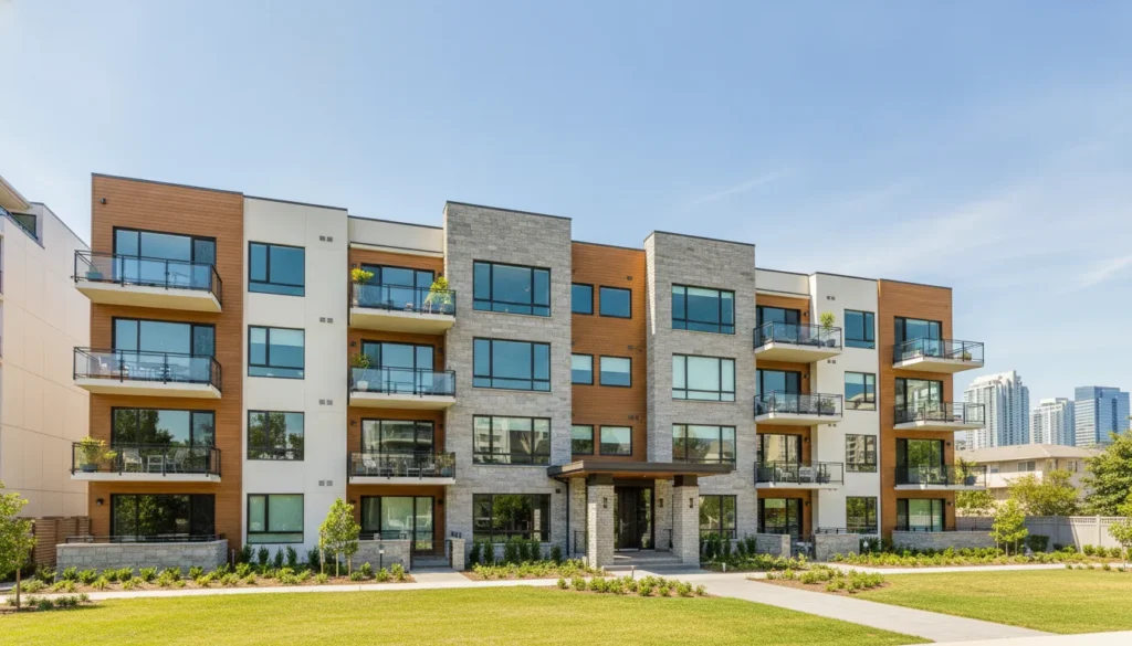 Modern California apartment building with balconies and tenant support services.