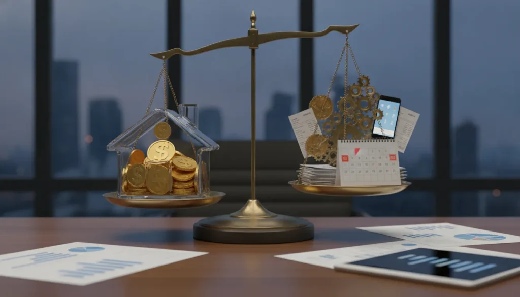 A scale balancing a house and coins to determine the cost of rental property management.