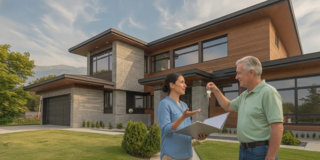 A property manager meeting a rental property owner outside a home in Upland, California